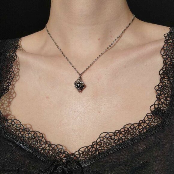 Vintage Jewelry - Black and silver goth necklace with a small silver chain